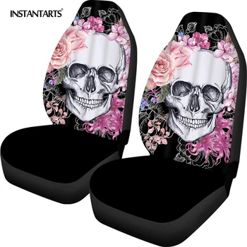 

INSTANTARTS 2pcs Skull Rose Print Front Seat Covers Car Protector Seat for Dog Fur Daily Care Tool Auto All Year Cushion Cover