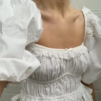 

Unqiue Women Square Collar Puffy Sleeve Retro Slim Waist Blouse Chic Ruffled Shirt Top