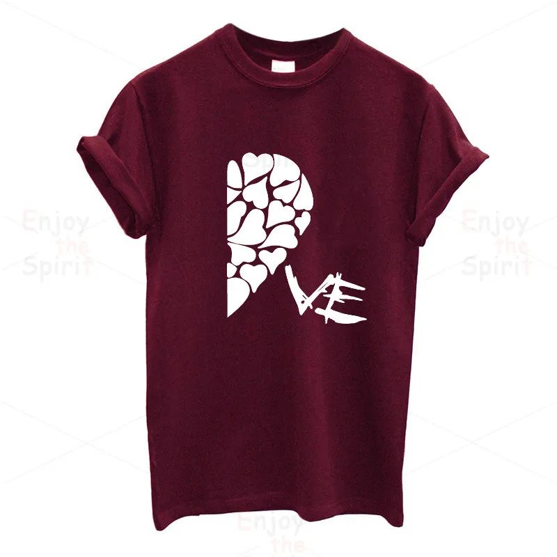 P915WMaroon EnjoytheSpirit, новинка, летние забавные парные футболки, наполовину красное сердце, любовь, печать, хлопок, круглый вырез, футболки, крутая, короткий рукав, парная одежда - Цвет: P915WMaroon