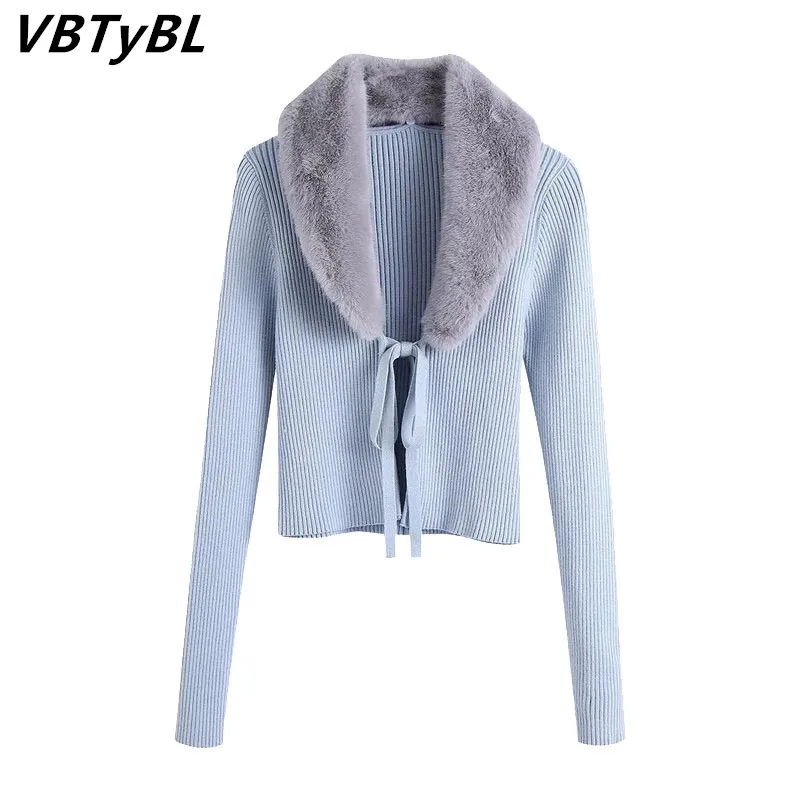 

VBTyBL Women 2020 Fashion Patchwork Faux Fur Knitted Cardigan Sweater Vintage With Tied Long Sleeve Female Outerwear Chic Tops