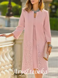 Mother of the Bride Dress Plus Size Elegant Jewel Neck Knee Length Polyester Long Sleeve with Appliques 2021