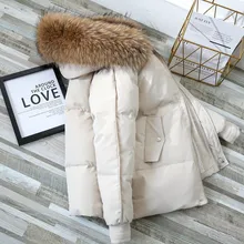 2021 New Solid Women Winter Coat Hooded Large Faux Fur Collar Thick Warm Female Parkas Zipper Loose Korean Cotton Jackets S-3XL