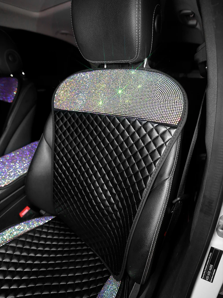 Car Seat Cover PU Leather Full Set Women Bling Rhinestone Interior Accessories Cushion Universal Size Luxury Decoration