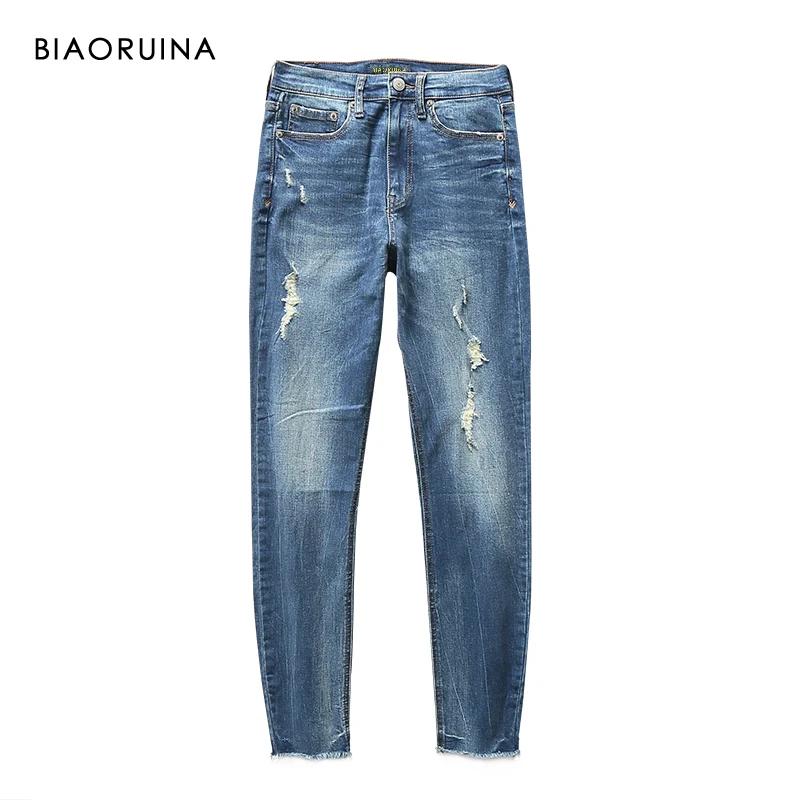 En Ligne BIAORUINA femmes décontracté lavage jean blanchi glands femmes trous rayures mode crayon jean nouveauté