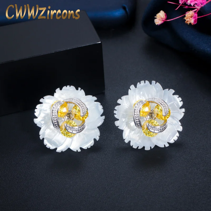CWWZircons 2 in 1 Design Natural Shell Flower Yellow CZ Stone Big Stud Earrings for Ladies Fashion Brand Unique Jewelry CZ684