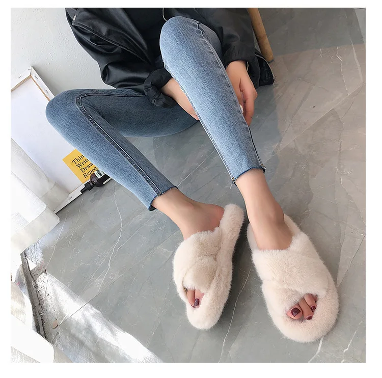 Winter Women Warm Faux Fur Home Slippers Ladies Cross Soft Plush Furry Female Open Toe Women's House Shoes Fashion Woman Slides