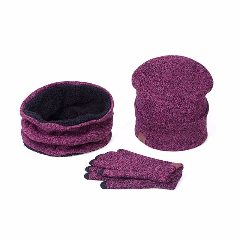 Hot Pink Мужские и женские 3 шт шапка шарф перчатки зимние аксессуары Мягкая вязаная шапочка-шарф перчатки для экрана набор bonnet garcon hiver sea O17 - Цвет: Hot Pink