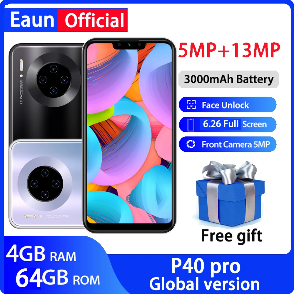 

Newly P40 pro mobile phones android 4G RAM 64G ROM 13MP 6.26inch HD Full screen MTK6580 quad core face ID Celulares smartphones