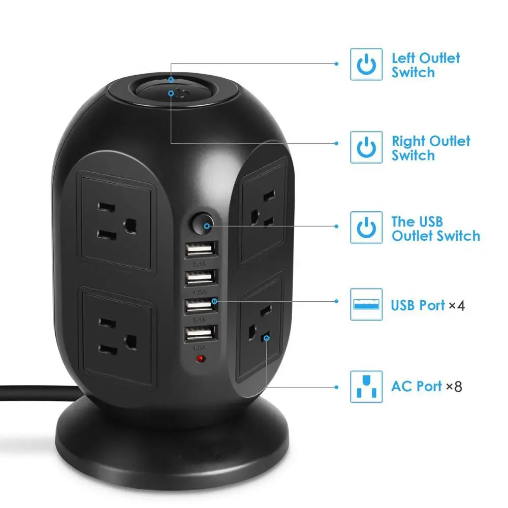 Bbzeal сетевой фильтр, 8 розеток, АБС-пластик, огнестойкий пластик, 4 порта usb, мульти-разъем, длинный удлинитель, 9,8 футов
