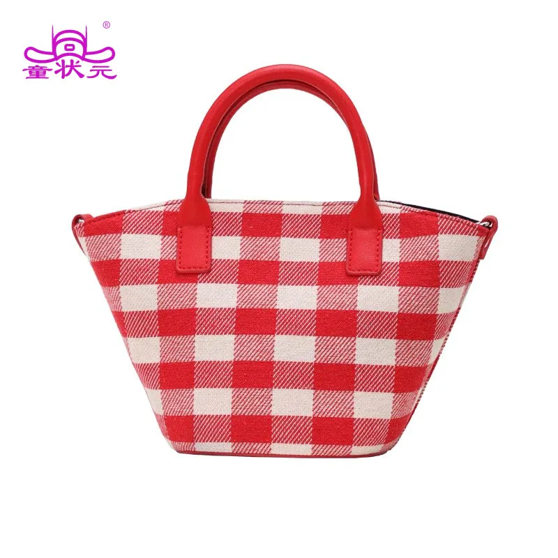

Bag Buang 2020 Designer Temperament Red Lattice Bucket Bag Canvas Totes Bag New Women's Handle bag