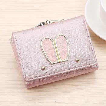 

LILY QUEEN Cute Short Wallet Luxury Women Female Pink Gold Rabbit Ear Three-Fold Purse Girls Mini Money Bag