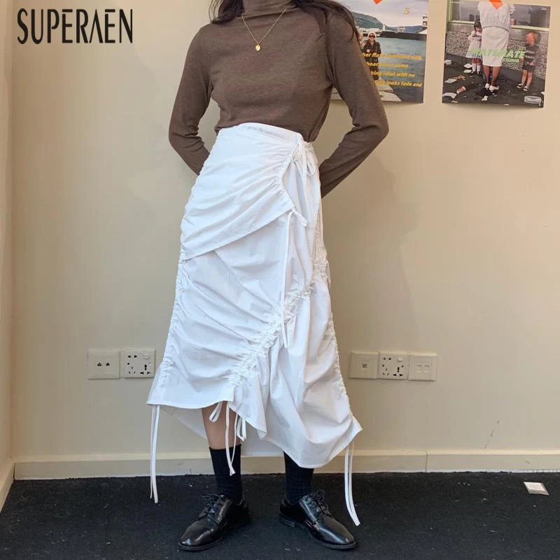 SuperAen, корейский стиль, женские юбки, весна, новые, хлопок, дикие, для девушек, юбки, сплошной цвет, шнурок, высокая талия, плиссированные юбки