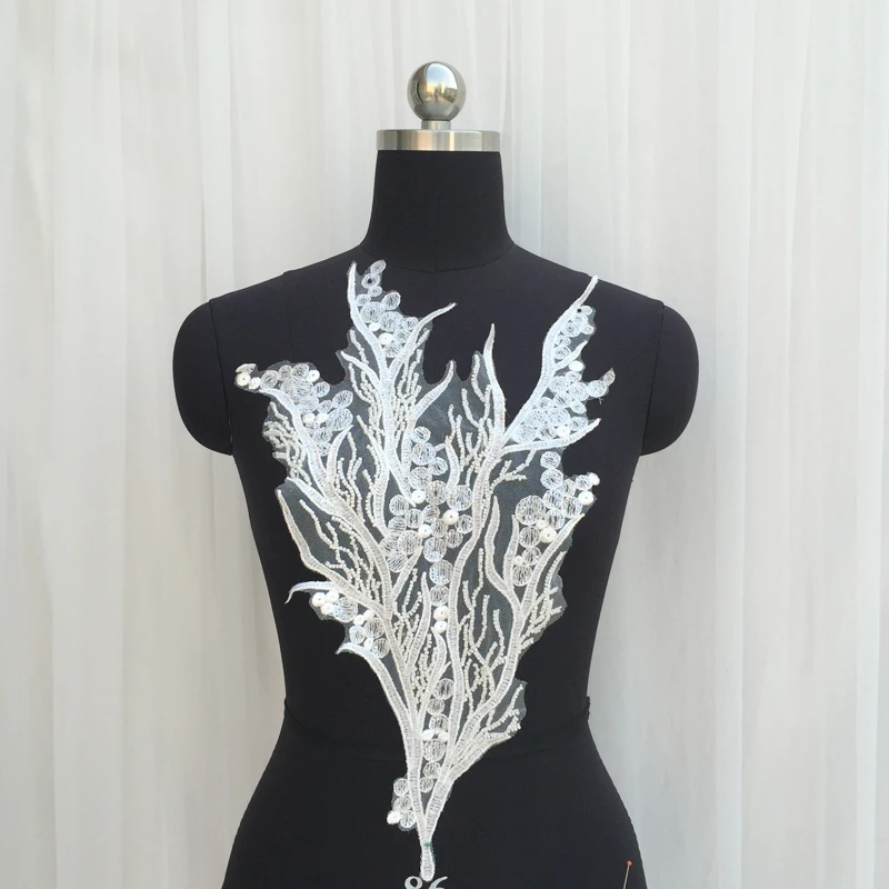 

1 Piece Ivory Sequined Tulle Embroidered Beaded Lace Applique For Bridal Gown