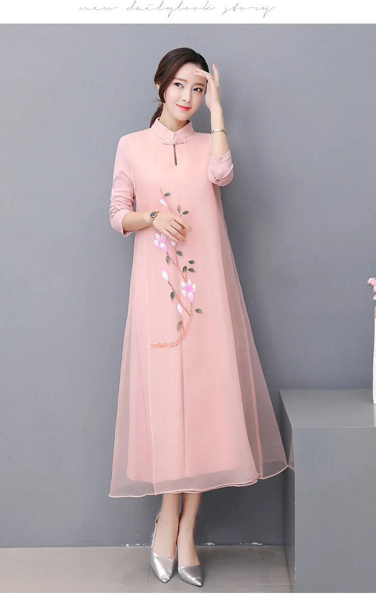 Photo Shoot Spring And Summer Retro National Wind Zen Frog Long Skirts Hand-Painted Knitted Organza Cheongsam Dress