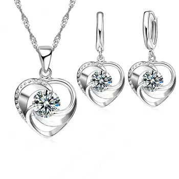 

New Promotion Enagagement/Wedding Jewelry Set 100% 925 Sterling Silver Heart Pendant Necklace/Earrings Sets Wholesale