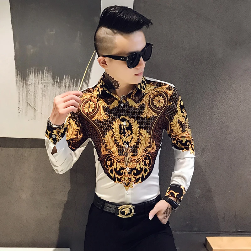Paisley Black Gold Printed Shirt long sleeve shirt men casual shirt Men's Royal Club Clothing Korean Men's Long Sleeve Slim Long Sleeve Shirt Tuxedo