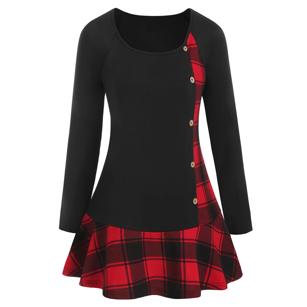 ROSEGAL Plus Size Raglan Sleeve Plaid Flounced T-shirt Scoop Neck Button Women Tops 2019 Classic Vintage Tees Autumn | Женская одежда