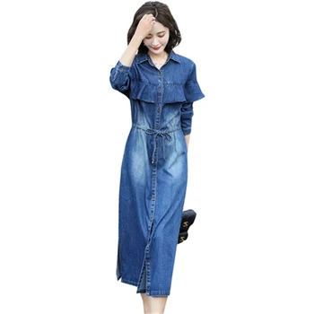 

2019 Spring and Autumn Women's Denim Dress Long sleeve Single-breasted Jeans Dresses Female Belt Slim Ruffle X-long Dresses 3015
