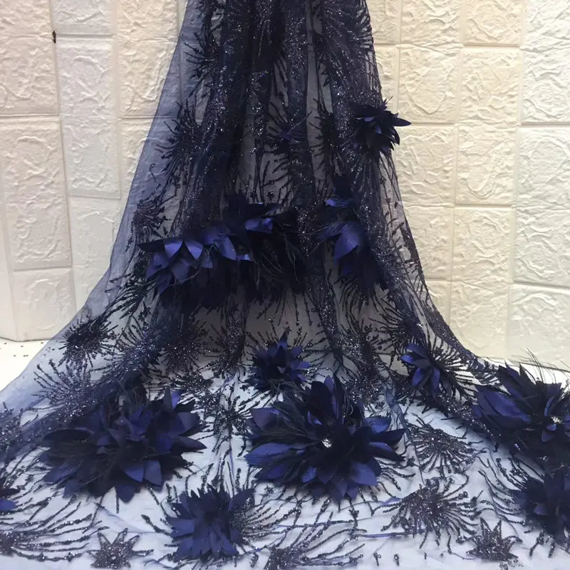 

Gorgeous feather Embroidered tulle french net fabric navy blue glued glitter sequins lace fabric DG524