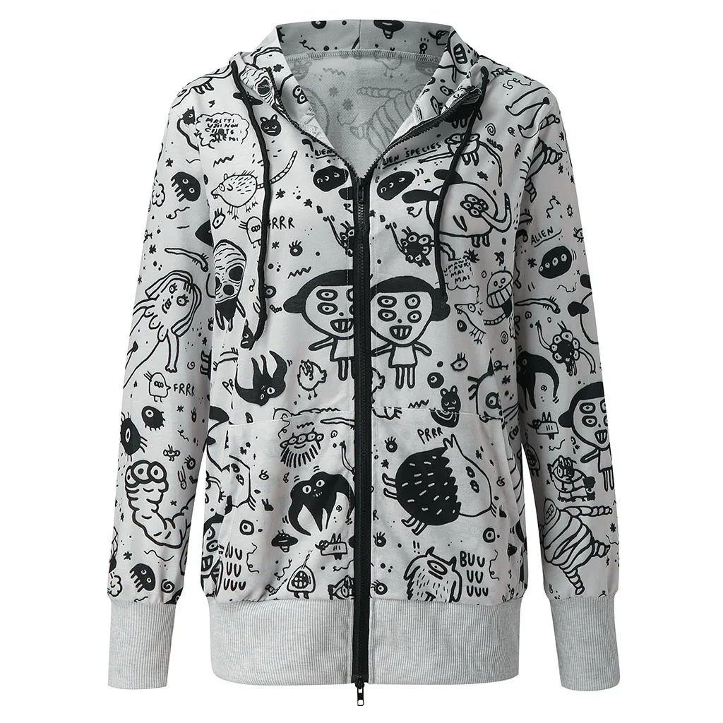 

Feitong Sweatshirt Women hoodies Long Sleeve O-Neck Print Hooded Zipper Pockets Casual Sport Coat sudadera con capucha mujer