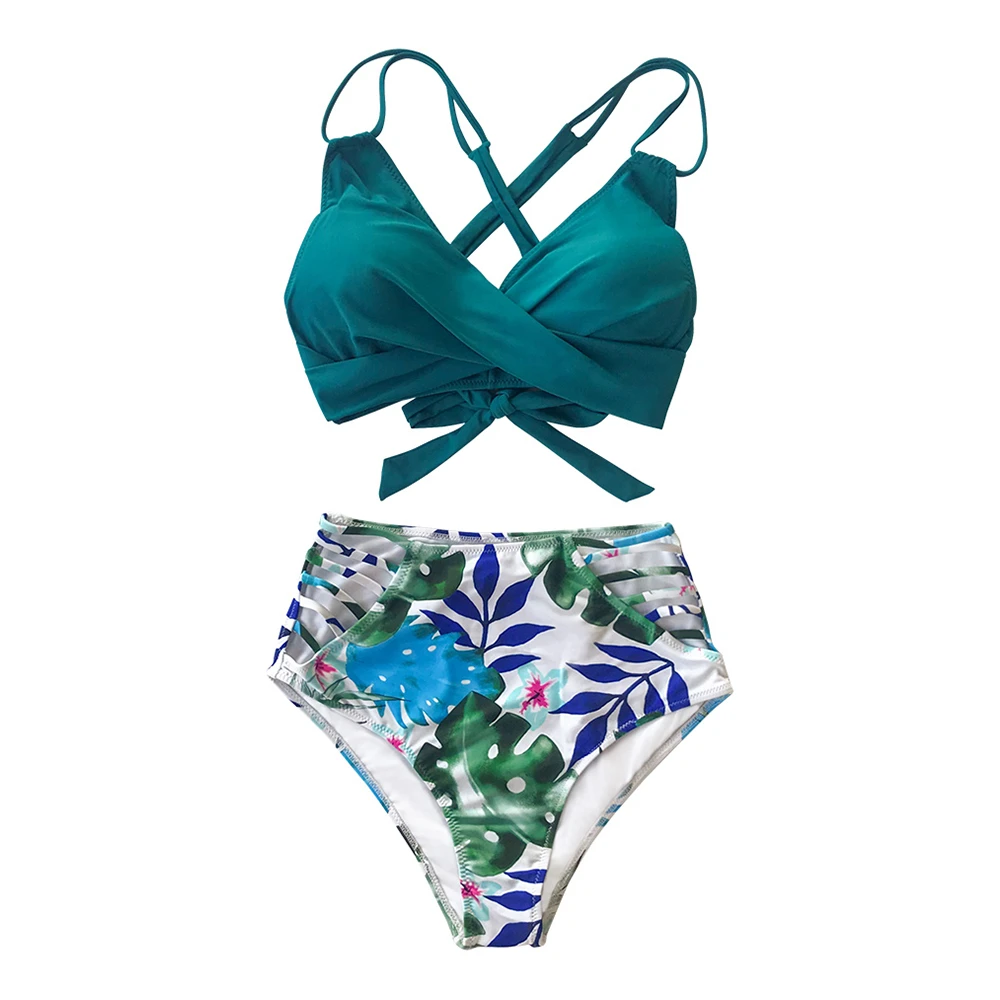 SEASELFIE Lace Up High Waist Bikini Sets Women Sexy Teal and Floral Push Up Bikini Two Pieces Swimsuits 2020 Beach Swimming Suit