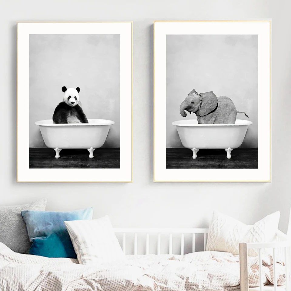 主图_Baby_Animal_in_Bathtub_Poster_Panda_Giraffe_Elephant_Lion_Pig_Cow_Canvas_Painting_Nursery_Wall_Ar (2)