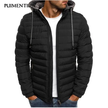 

Puimentiua Winter Jacket Men Warm Cotton Padded Coat Hooded Solid Color Men's keep warm Outwear Casual Coat 2019 Fashion