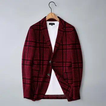 

Classic Wine Plaid Men's Wool Blazer Jacket High Quality Vintage Woolen Jacket Cotton Casual Coats Man Clothes X10