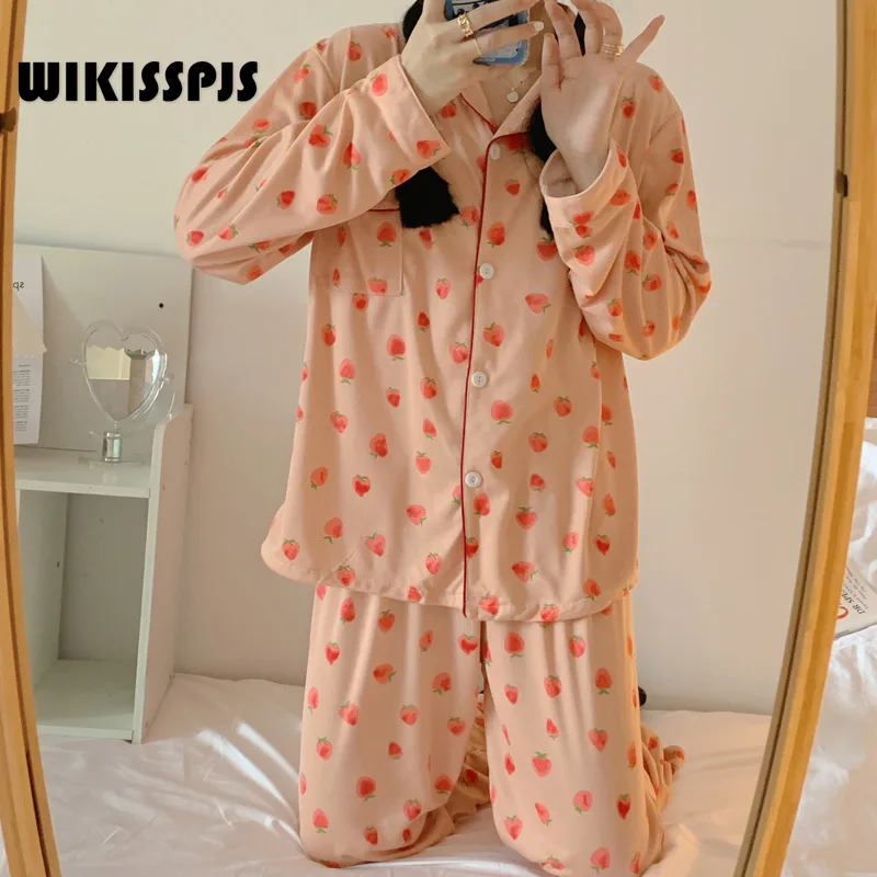 

WIKISSPJS Spring Winter Strawberry Long Sleeve Pajamas Women's Korean Cardigan Lovely Home Clothes Two-piece Suit Loungewear
