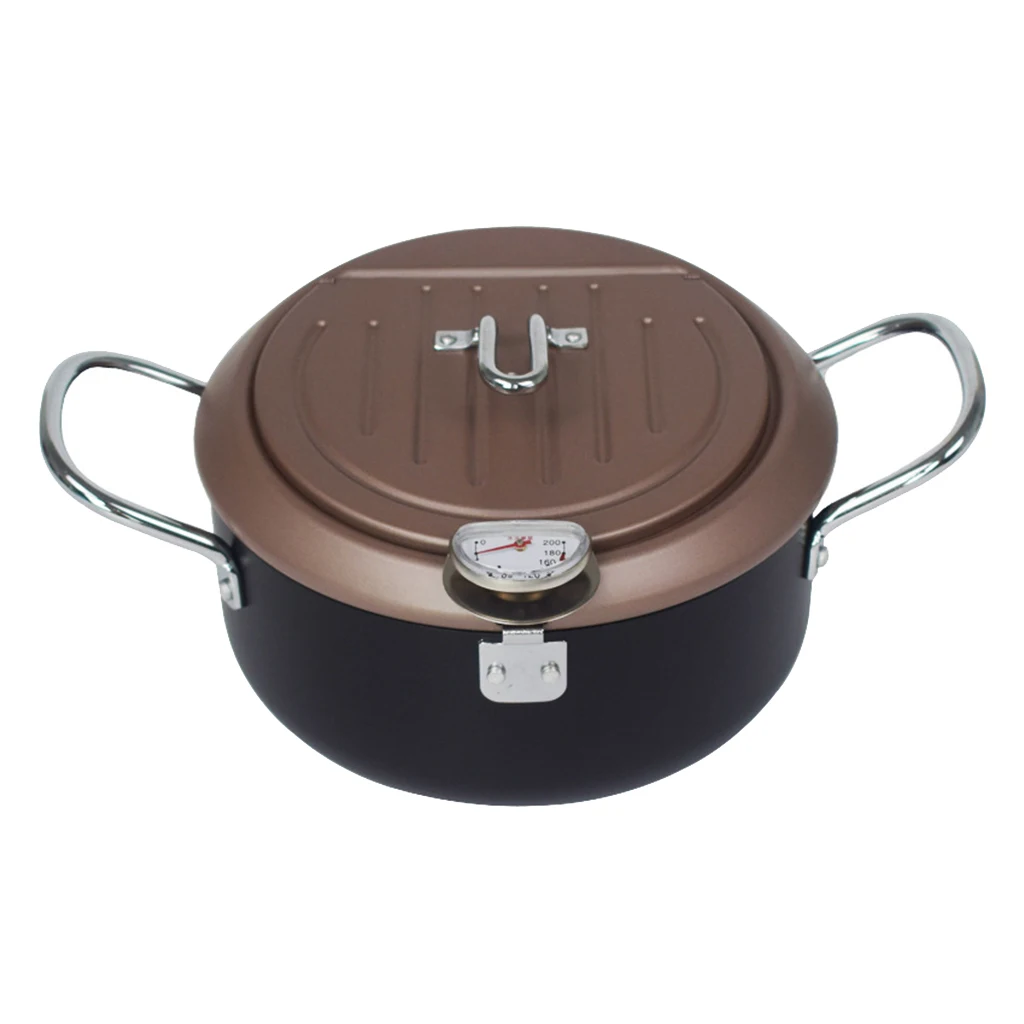 Frying Pan with thermometer Round Deep Fryer Pot Drainer Kitchen Cooking Pan