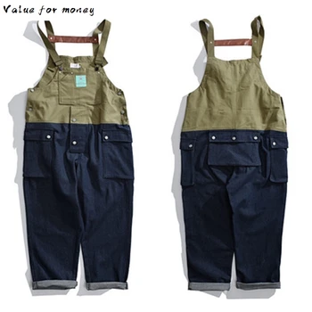 

Bib Stitch Contrast Overalls Trousers Mens Safari Cargo Work Pants Functional Multiple Pockets Denim Pant Coveralls Men Jeans