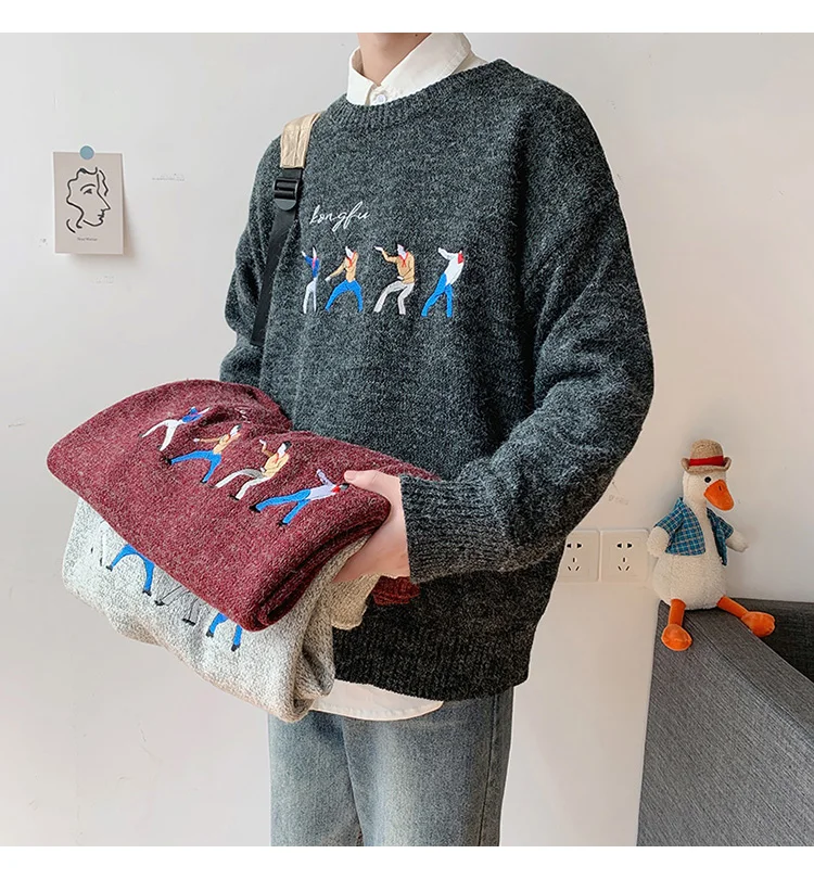 Autumn New Cartoon Men's Sweater Ins Hong Kong Sweaters Long Sleeve O-neck Korean Loose Thick Male Sweaters Sueter De Hombre