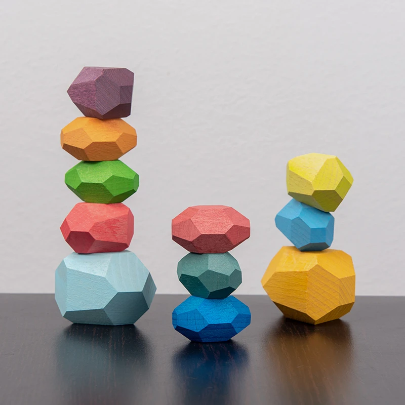Children Colored Stone Jenga Stacking Blocks Educational Toy Creative Nordic Style Rainbow Stone Wood Blocks Baby Wooden Toys