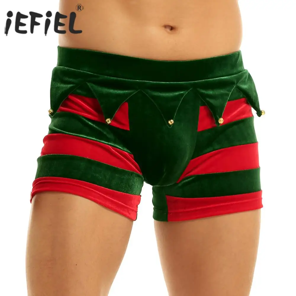 

iEFiEL Men Velvet Wide Elastic Waistband Bulge Pouch Christmas Holiday Fancy Cosplay Costume Striped Boxer Shorts with Bells