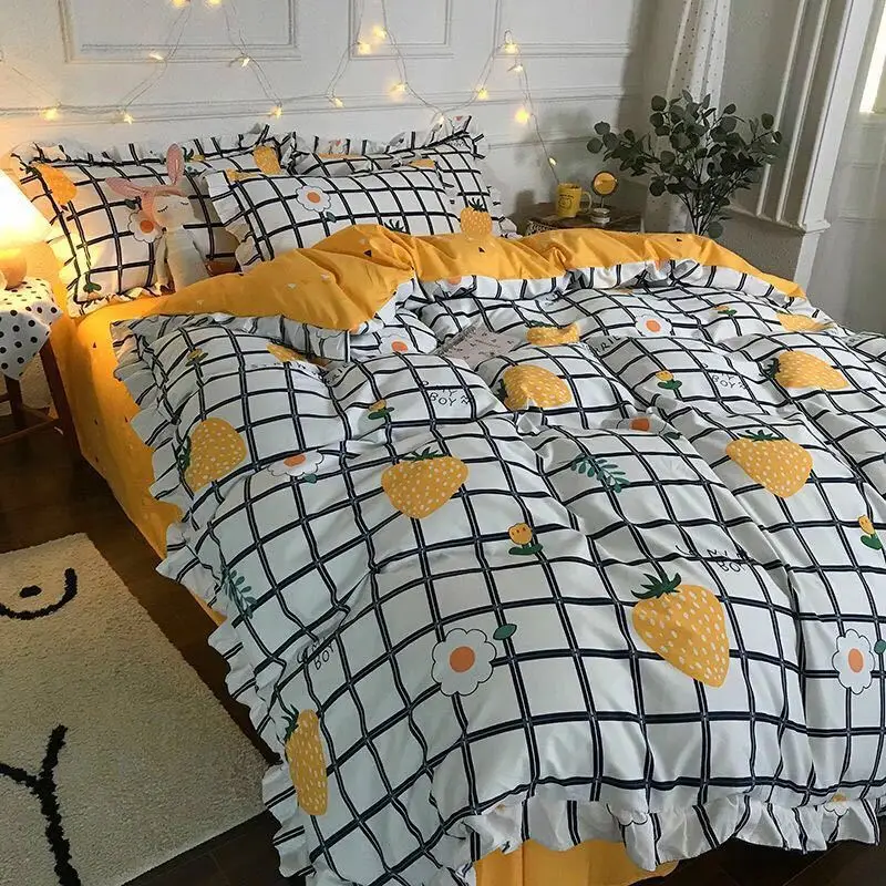 Four-piece set on a lotus leaf bed Korean style fragrant taro purple grid soft small fragrant style bed sheet three-piece set 