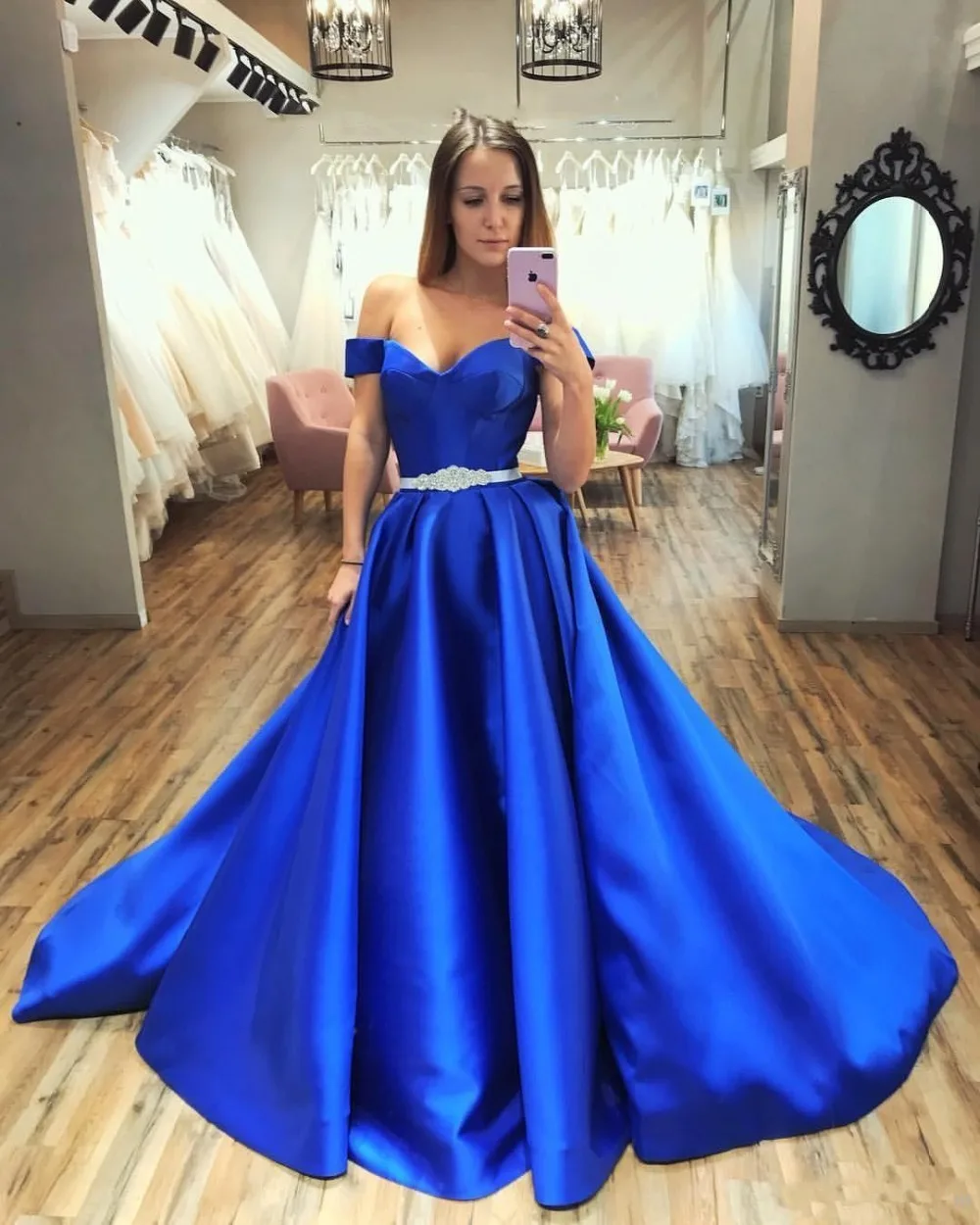 assic Off The Shoulder A Line vestidos de gala Royal Blue Prom Dresses Satin Ruched Long Evening Gowns With Sash prom dress