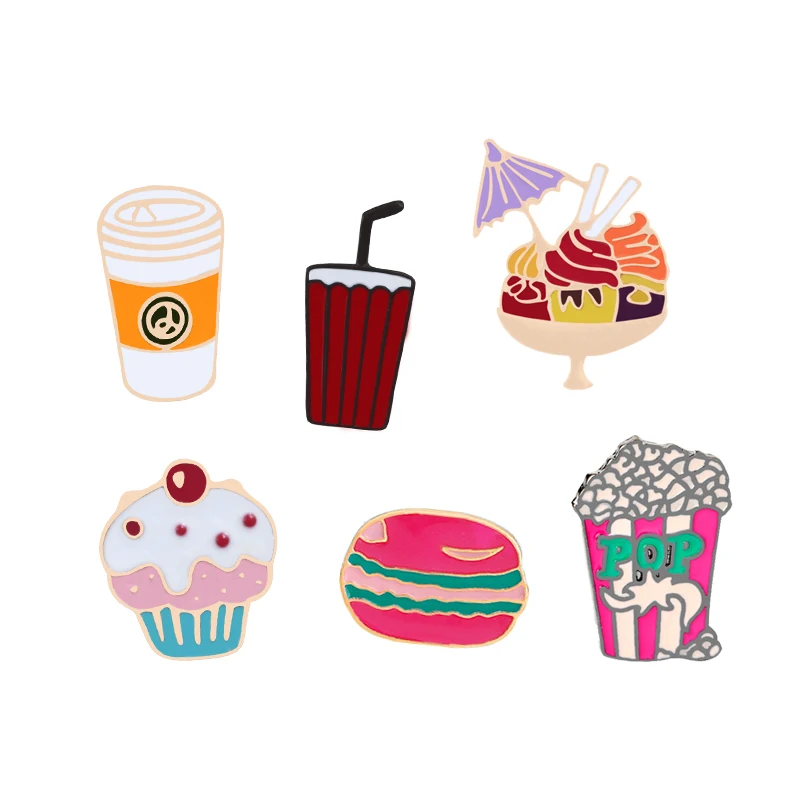 

Cute Enamel Lapel Pins Cake Cola Burger Popcorn Coffee Icons Button Badge For Kids Girl Cartoon Clothes Pins Jewelry Accessories