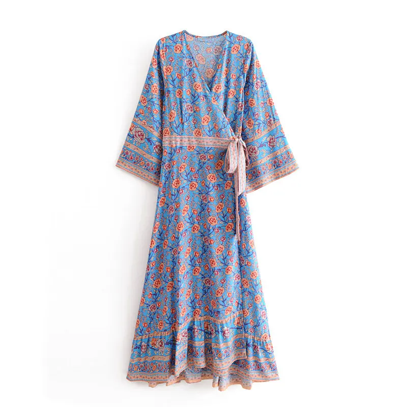 Blue Chu Sau beauty Boho шикарное платье с розовым цветочным принтом, платье с запахом, женское праздничное платье с бантом и поясом, миди платья, женская модная пляжная одежда - Цвет: Blue