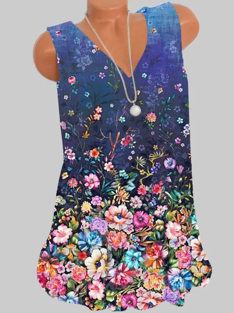 Fashion new casual large size T-shirt V-neck sleeveless vest temperament ladies T-shirt tops women MULTI