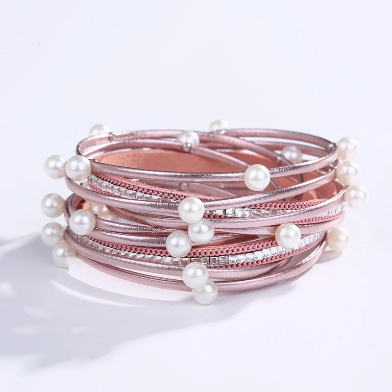 Многослойный кожаный браслет с хрустальными бусинами Boho браслеты для женские с магнитом пряжка ручной работы браслет манжета ювелирные украшения в подарок любимой - Окраска металла: Pink pearl