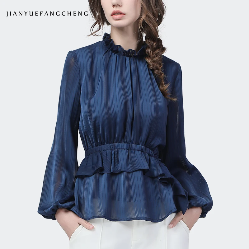 

Блузка Женская атласная в синюю полоску, Модный Топ с длинным рукавом, воротник-стойка с оборками, эластичная одежда с завышенной талией, весна-лето 2021