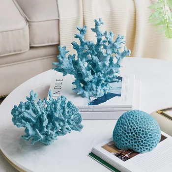 

Mediterranean Blue Coral Sculpture Figurine Ornaments Plant Office Home Decoration Accessories Modern Art Resin Decor Craft Gift