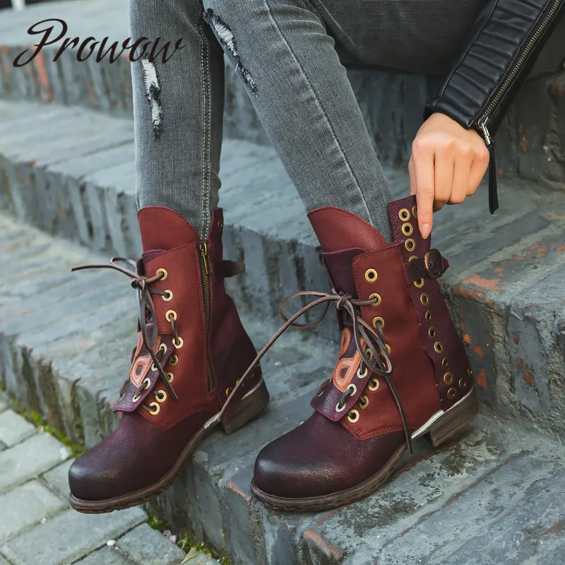 

Prowow New Genuine Leather Vintage Khaki Gladiator Lace Up Women Boots Round Toe Low Heel Stylish Autumn Winter Boots Shoes Wome