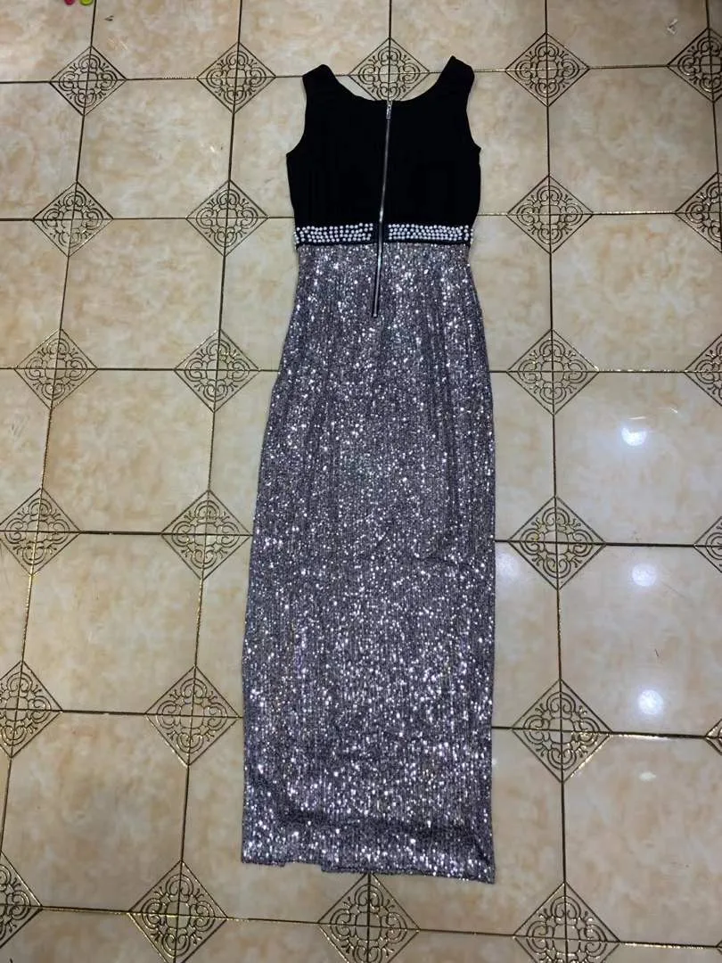 Women Sexy V Neck Split Sparkly Glitter Maxi Long
