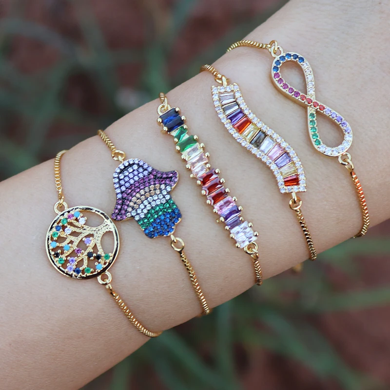 adjustable women's rainbow coin life Tree Fishbone bracelets jewelry 14k gold filled cz colorful zircon bar for women | Украшения и