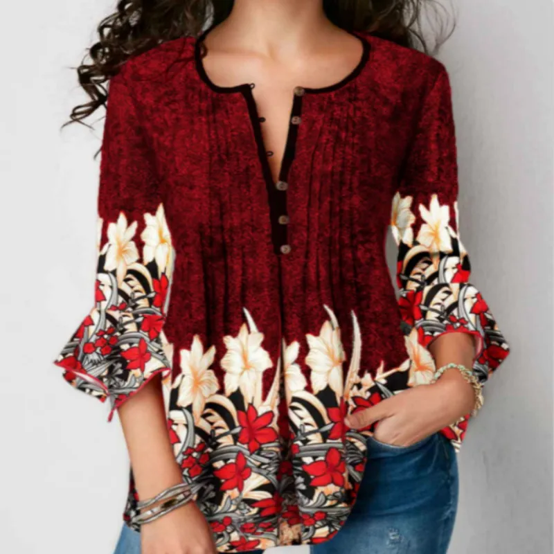  Plus Size Women Shirts Blouses 2019 Summer Fashion Women V Neck Three Quarter Sleeve Floral Print C