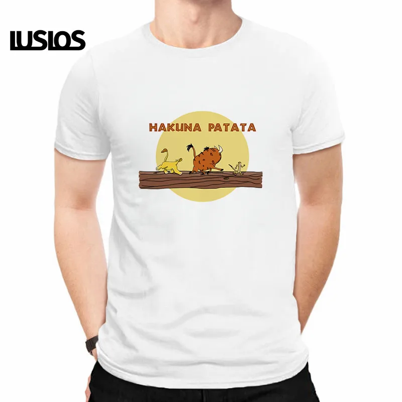 LUSLOS HAKUNA MATATA/мужская футболка больших размеров, летние футболки с коротким рукавом с изображением Льва и короля, белые футболки с принтом из мультфильма