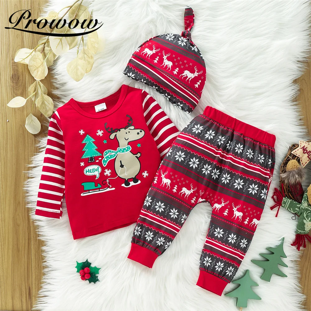 

Prowow 2021 Baby Girl Christmas Costume Festival Party Newborn Xmas Elk Top+Striped Pant Long Sleeve Kids Toddler Girls Clothing