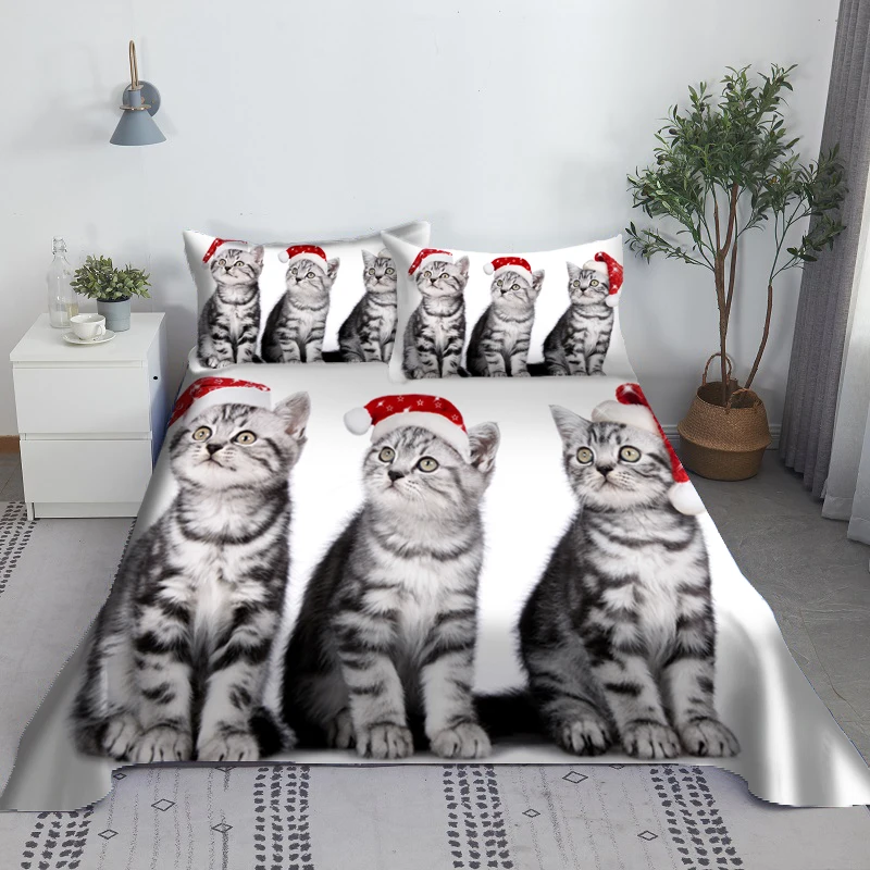 Sleeping Cat Bed Sheet Set Digital Printing Polyester Bedding Animal Flat Sheet With Pillowcase Bedlinen 1/1.2/1.35/1.5/1.8/2.0m