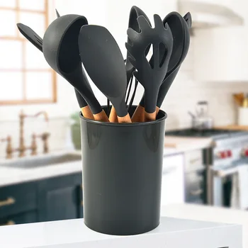 

Kitchen Supplies Wooden Handle Non-stick Pot Silicone Spatula Kit Gadget Spatula Tongs Soup Ladle Utensils Cookware